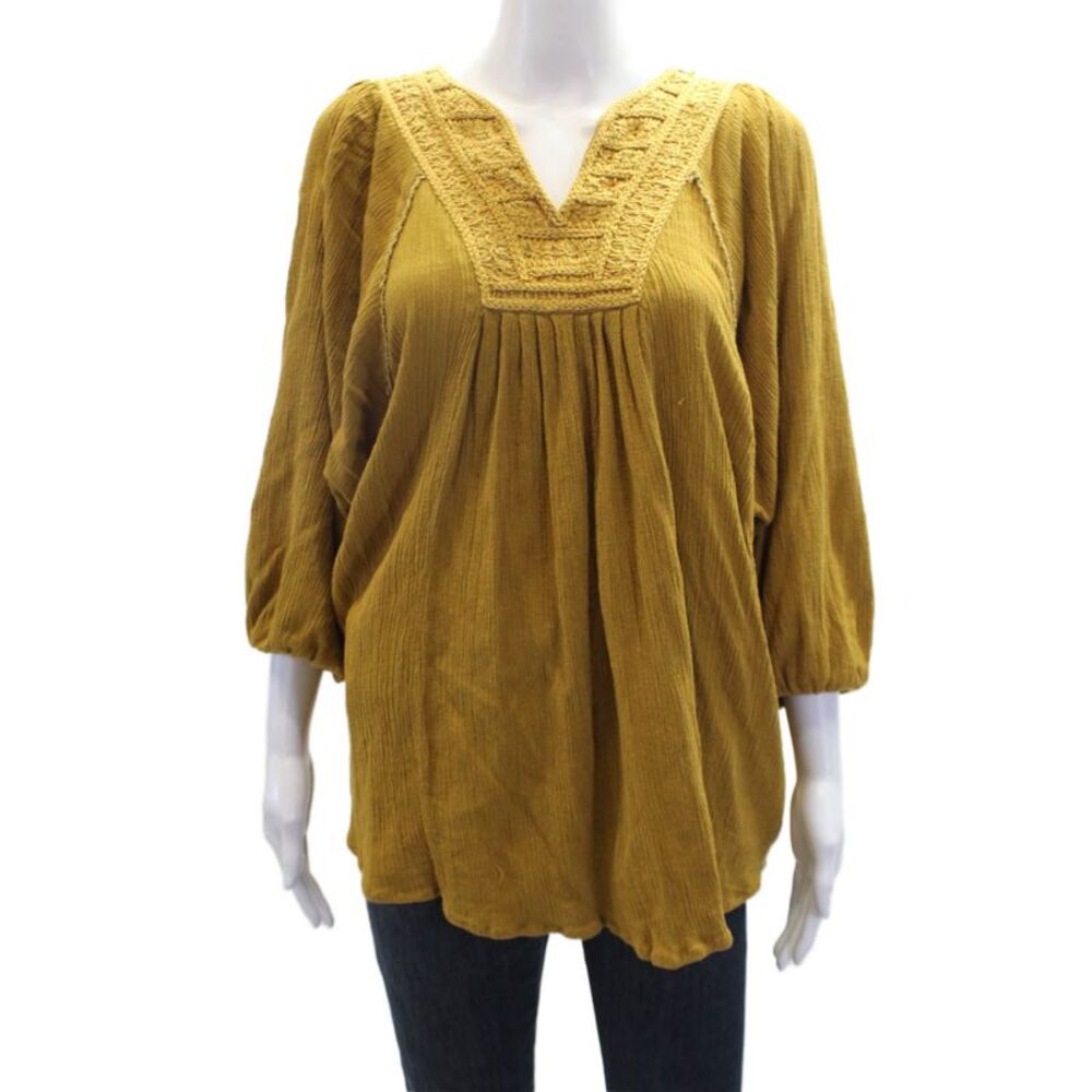 Mes DeMoiselles Paris Womens V Neck Embroidered Long Sleeve Blouse Yellow Size 1